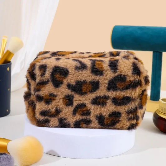 Borse per il trucco in pelliccia di leopardo per le donne Borsa per cosmetici da viaggio morbida Custodia per organizer Custodia per borse da donna per ragazze