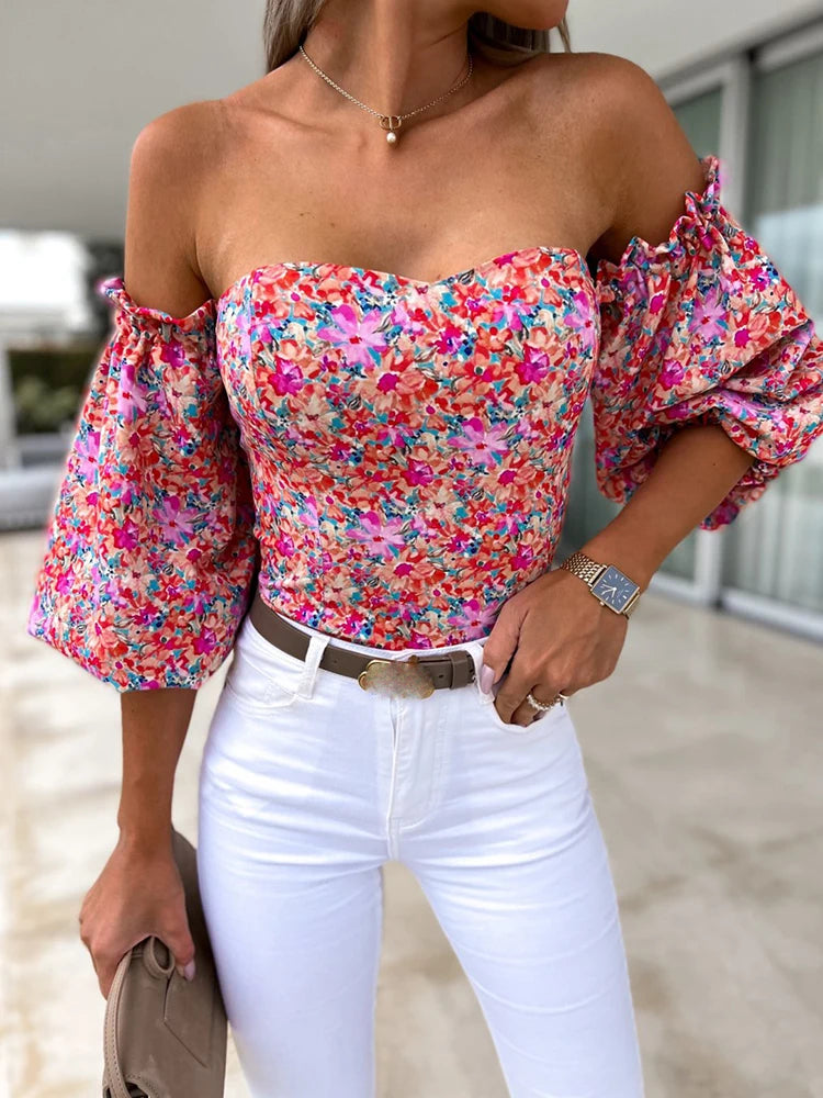 Boho Sexy Damen Top Sommer schulterfrei florale Blusen Damen lässige rückenfreie Bluse weibliche Urlaub Slash-Neck Tops Kleidung
