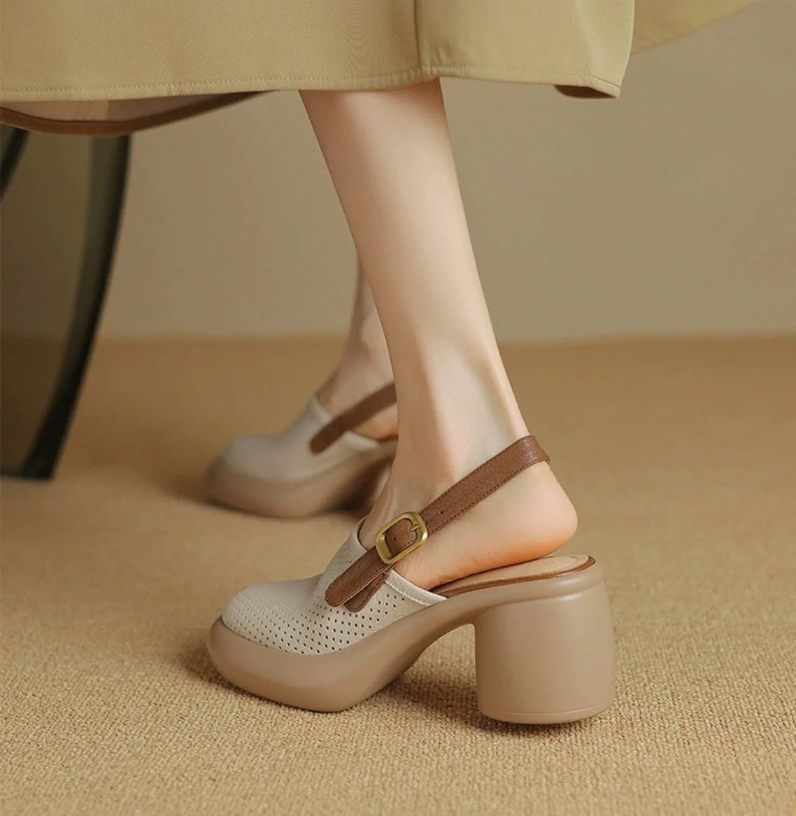 Sandali estivi Punta tonda Scava fuori Sandali con tacco alto per donna Sandali con plateau Zapatos Mujer Tacco grosso Scarpe di pelle di pecora Verde