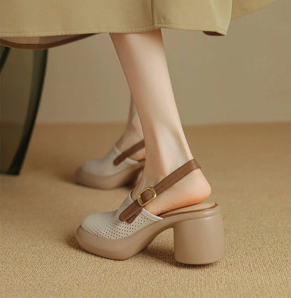Sandali estivi Punta tonda Scava fuori Sandali con tacco alto per donna Sandali con plateau Zapatos Mujer Tacco grosso Scarpe di pelle di pecora Verde
