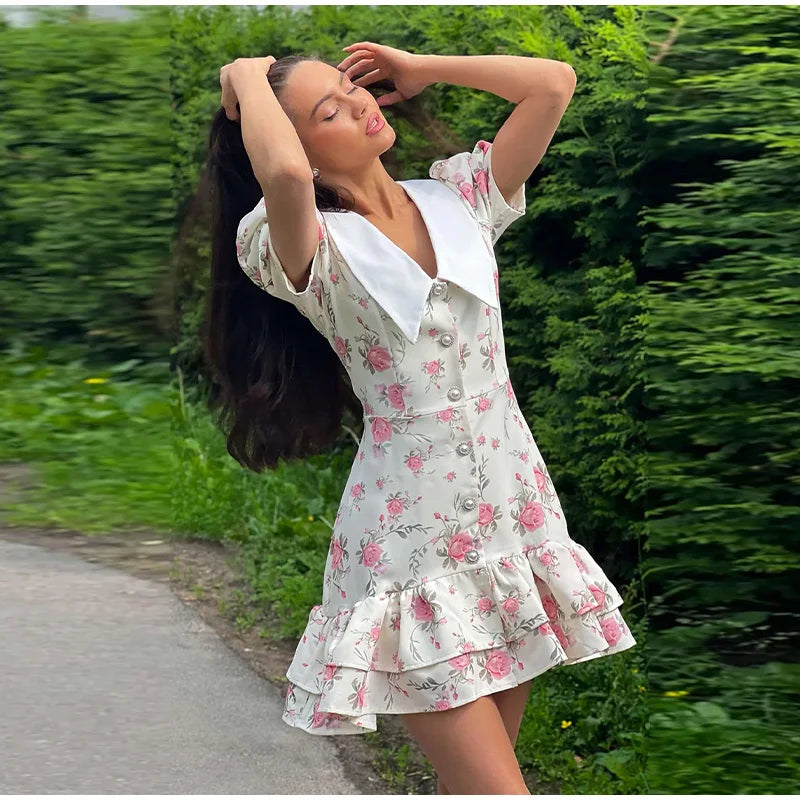 Mini abito con stampa casual Lady Summer Slim bottoni con risvolto Abiti a strati a trapezio Donna Manica corta Abito da vacanza Festa femminile Dolce