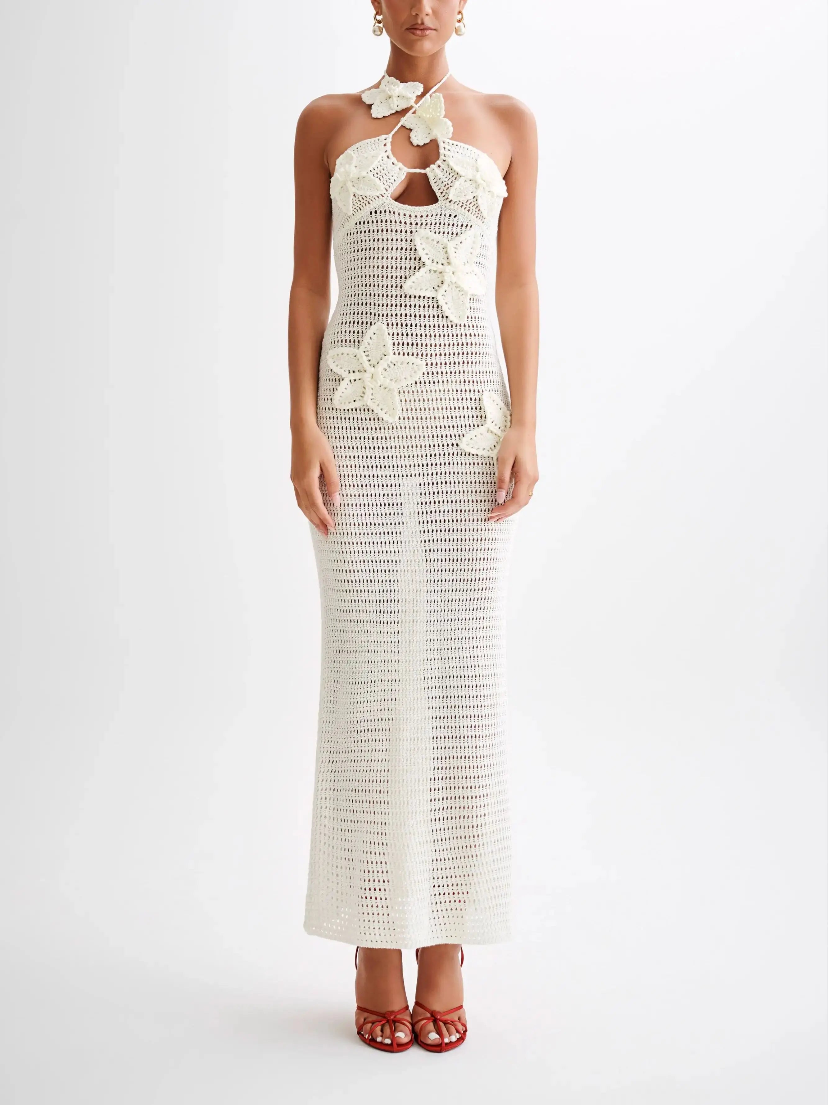 Abito lungo in maglia Abiti da festa estivi con fiori 3D da donna Copricostume elegante slim diviso maxi abiti da spiaggia per le vacanze
