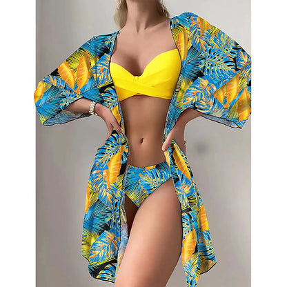 Bohemian Style Print Bikini Sets Women Fashion Sexy Spaghetti Strap Bikini Cardigan Three Piece Sets Beach Vacation Swimsuit