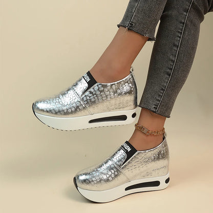 Patent Leather Wedge Loafers Shoes for Women New Height Increasing Platform Sneakers Woman Lightweight Slip On Casual Shoes