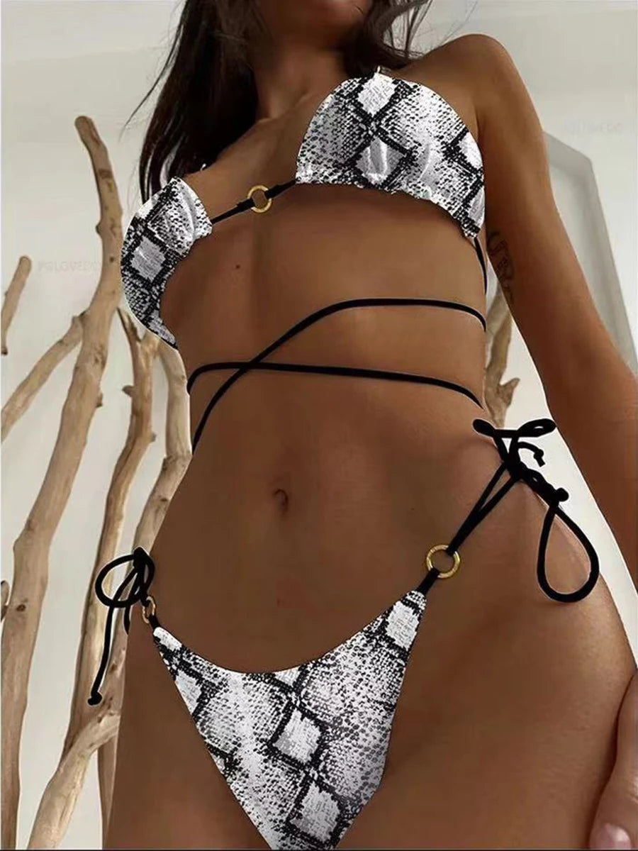 Zebra Leopard Wrap Around Halter Micro Mini Bikini donna costumi da bagno costume da bagno femminile due pezzi Bikini set bagnante costume da bagno Swim