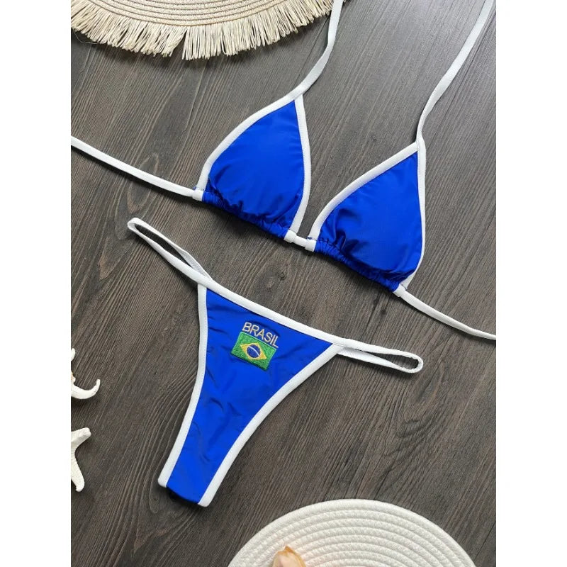 Ensemble de bikinis sexy brodé drapeau brésilien contrasté et fendu pour femme, maillot de bain patchwork, tenue féminine pour la plage d'été
