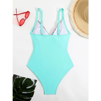 Printing V Neck Swimming Suit for Women Fashion Slim Side Drawstring Bathing Suit Bodysuit Female One Piece Swimsuit Beachwear