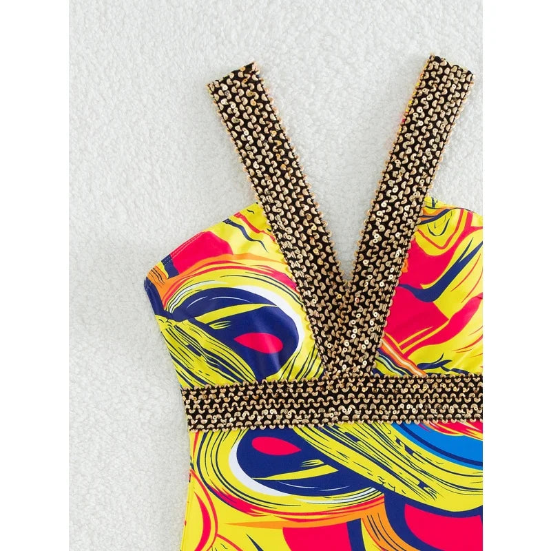 Vintage Print V Neck One Piece Swimsuit Women Sexy Backless High Waist Bodysuits Bikinis 2026 New Summer Vacation Bathing Suit
