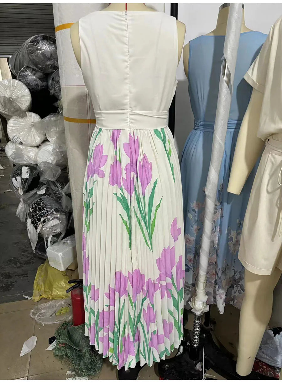 Abito lungo sexy con stampa floreale Donna Estate 2025 Abiti maxi con cinturino senza maniche alla moda eleganti