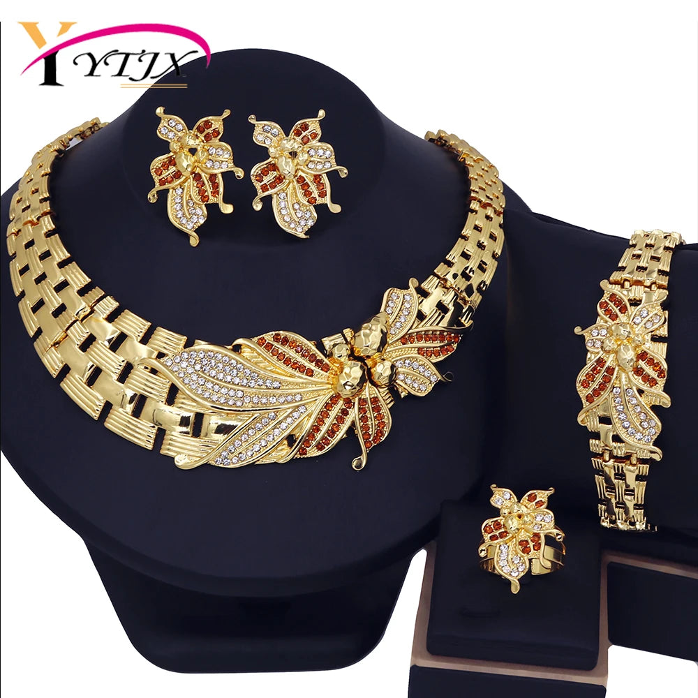YTJX Ensemble de bijoux de mariage africains, grand collier ras du cou fleur, bracelet zircon fin, boucles d'oreilles perçantes, bague, plaqué or 18 carats