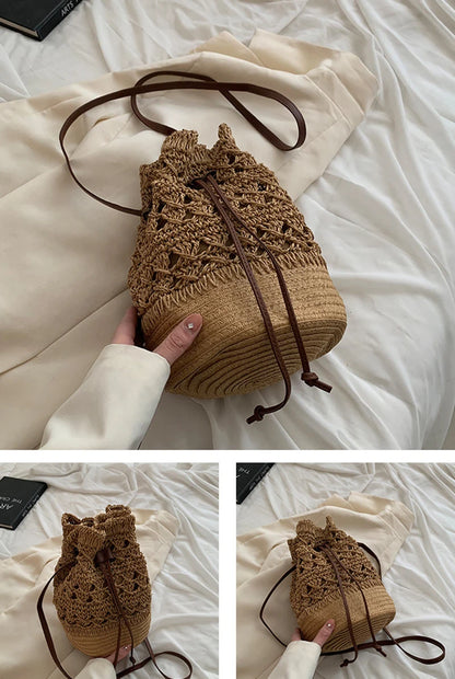 Borsa a tracolla da spiaggia in paglia estiva da donna fatta a mano borsa a tracolla con coulisse cava intrecciata borsa da viaggio con Design femminile di moda lavorata a maglia