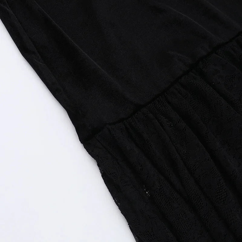 Y2K Goth floreale pizzo maglia manica svasata aderente abiti da festa sexy vintage elegante velluto nero con scollo a V abito lungo partywear