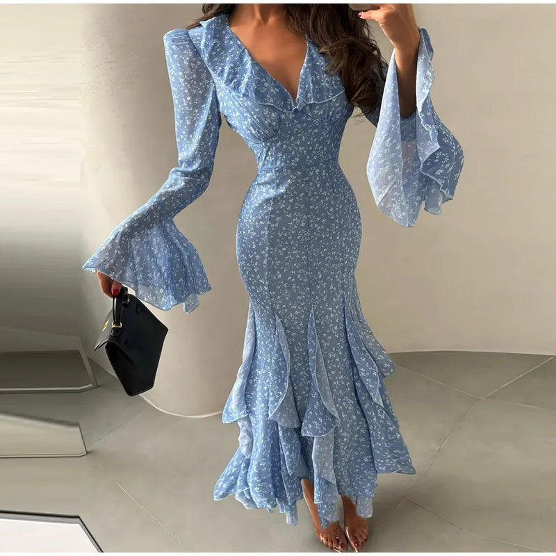 Abito Lungo da Donna con Stampa, Scollo a V, Maniche a Campana, Bordo a Foglia di Loto, Vita Alta, Vestito Maxi Aderente, Elegante Abito da Sera per Feste
