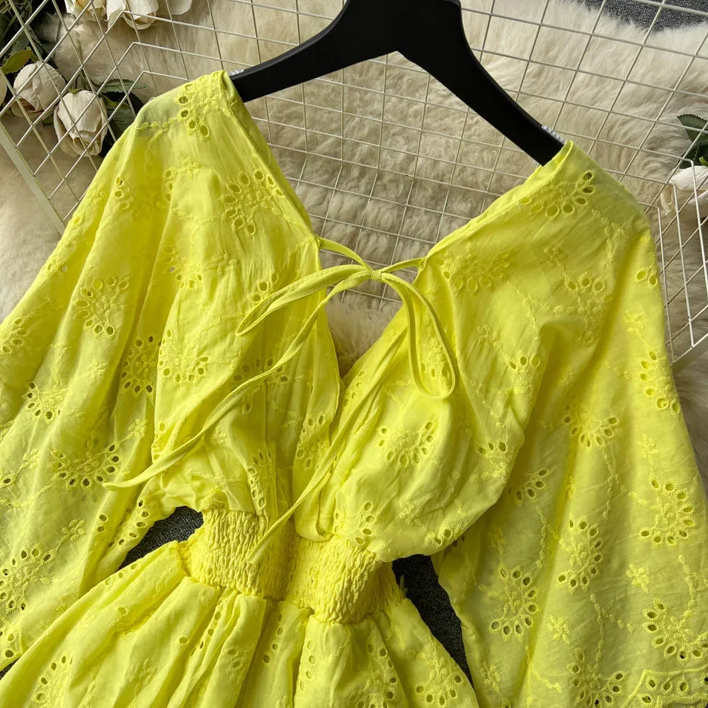 Bianco/Viola/Blu Scollo a V Estate Nuovo Abito ricamato in pizzo Donna Abiti a maniche corte Abiti longuette da spiaggia per feste vintage femminili