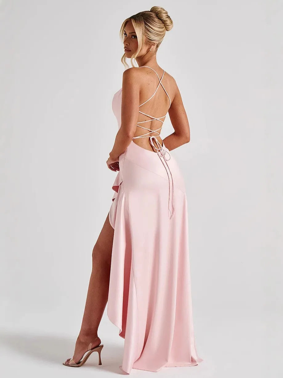 Damen-Sommerkleidung Sexy Halfter Neckholder Rückenfrei Rüschensaum Maxikleid für Frauen Polyester Satin Bodycon Kaftan Abaya Galabia