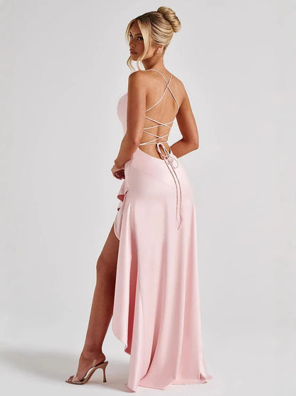 Damen-Sommerkleidung Sexy Halfter Neckholder Rückenfrei Rüschensaum Maxikleid für Frauen Polyester Satin Bodycon Kaftan Abaya Galabia