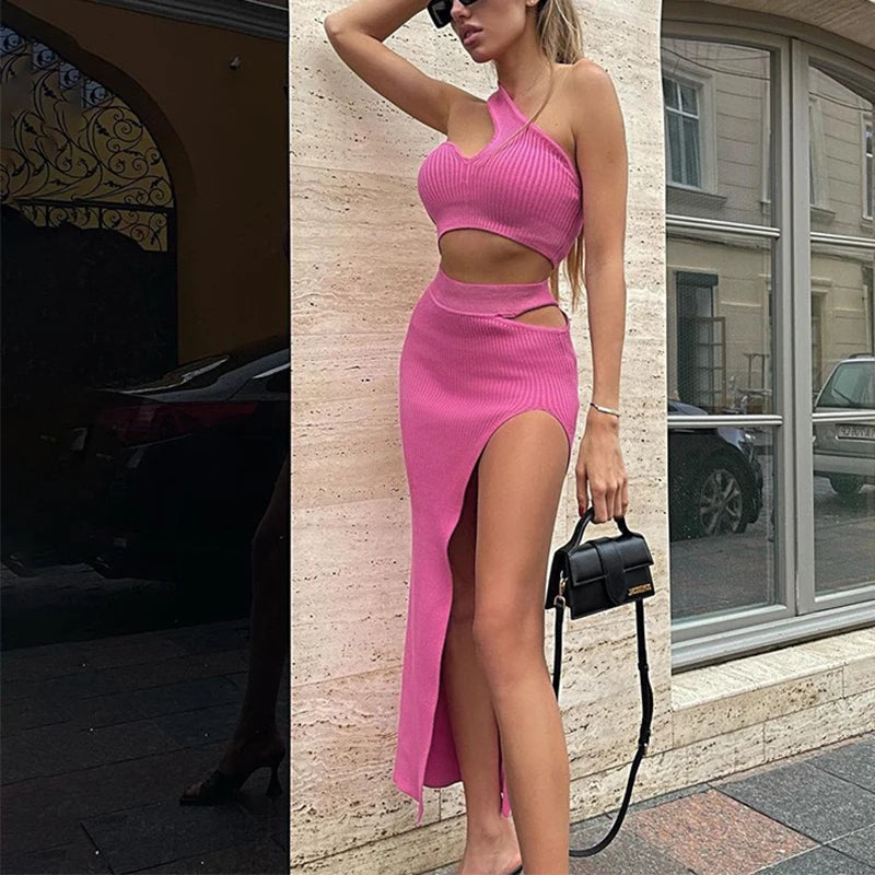 Summer women's fashion temperament slim fit sexy spicy girl outfit solid color slit thread skirt set