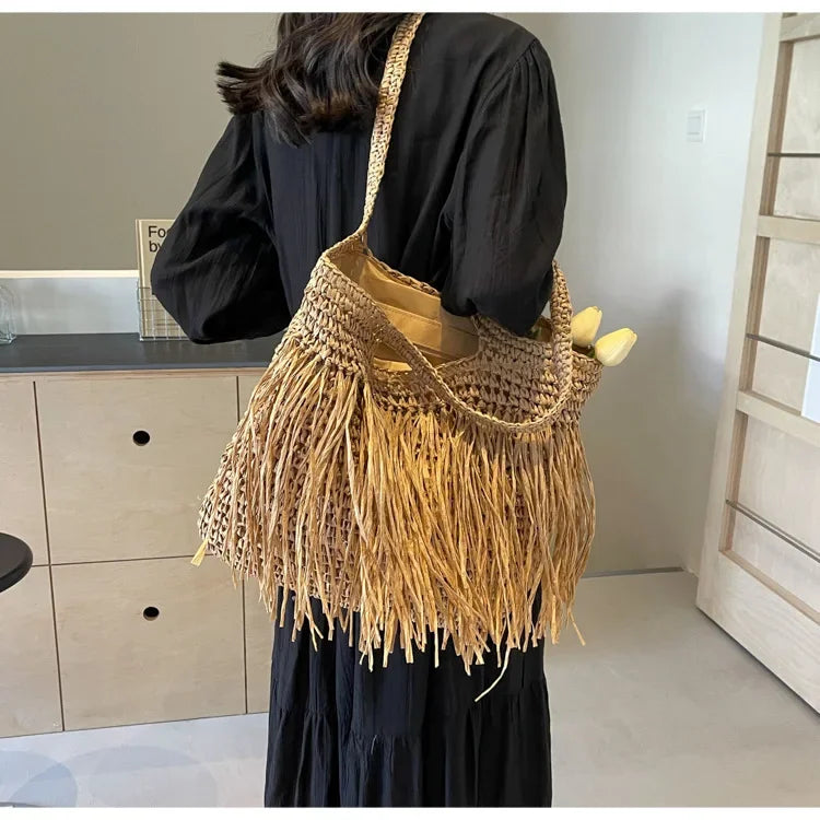 Borse a tracolla da donna in tessuto con nappe casual Borse da donna con frange fatte a mano Borsa tote grande da spiaggia estiva Borsa shopper grande per le vacanze