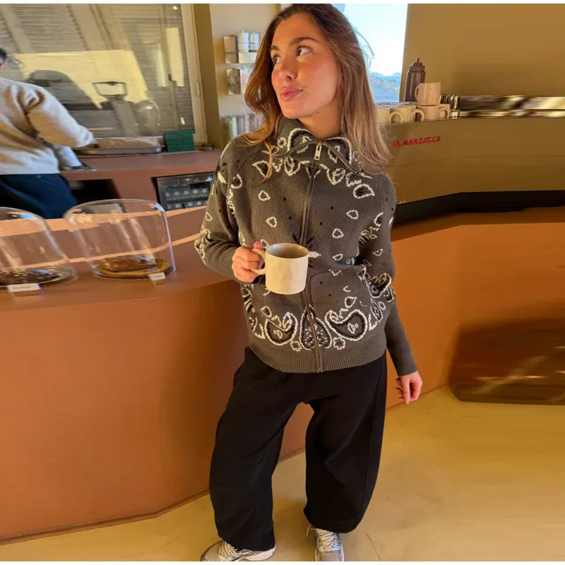 Giacca in maglia con stampa paisley per donna, colletto alto, maniche raglan, chiusura a zip, tasca frontale, cardigan autunnale 2026, giacca retrò ampia.
