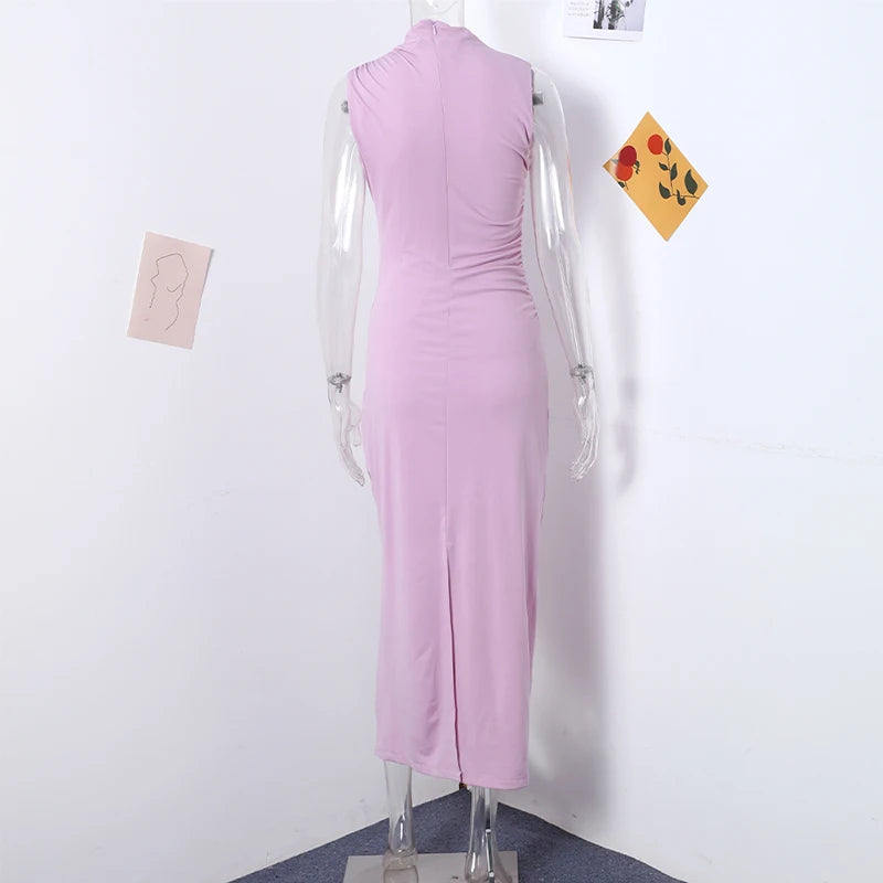 Abito da donna solido pieghettato O collo Slim Hip Package abiti lunghi da donna 2024 moda senza maniche Summer Evening Party abito femminile