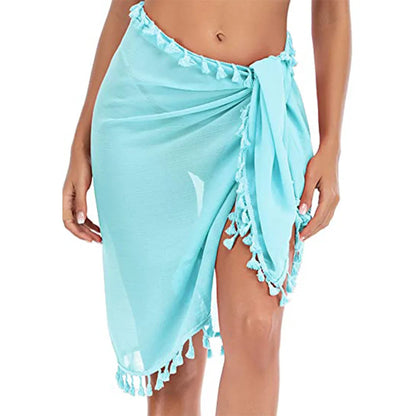 Copricostume da bagno per donna Sarong Beach Bikini Wrap Sheer gonna corta sciarpa per costumi da bagno con nappa