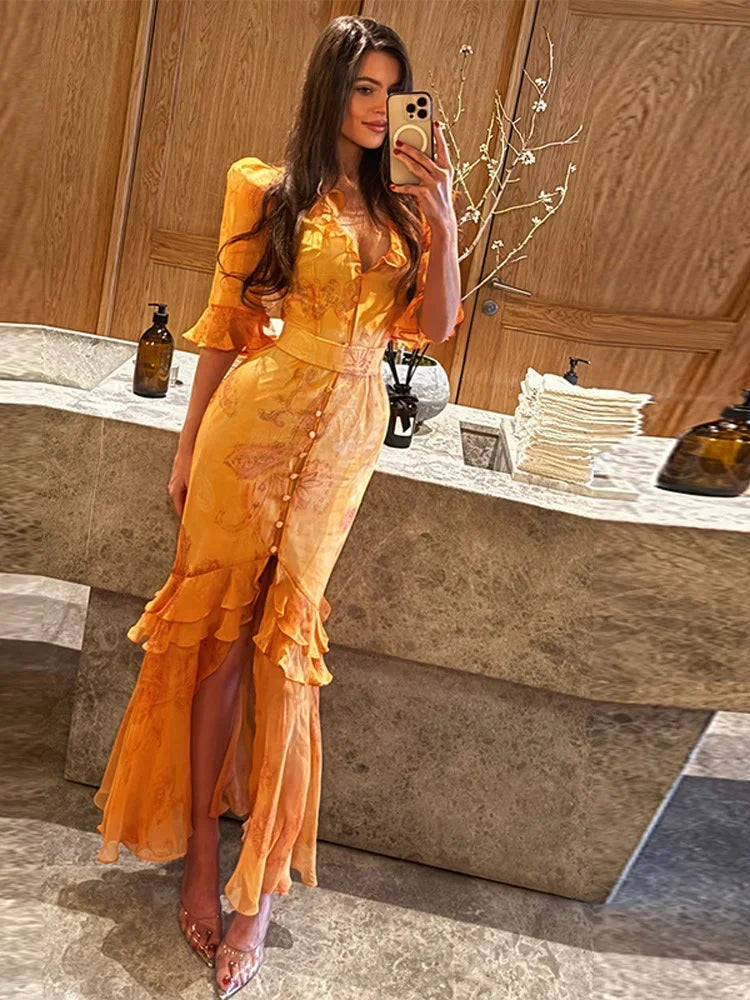 Abito lungo da donna con scollo a V, spacco alto, mezza manica, vestibilità slim, elegante, con vita accentuata e volant, perfetto per feste, vacanze ed estate