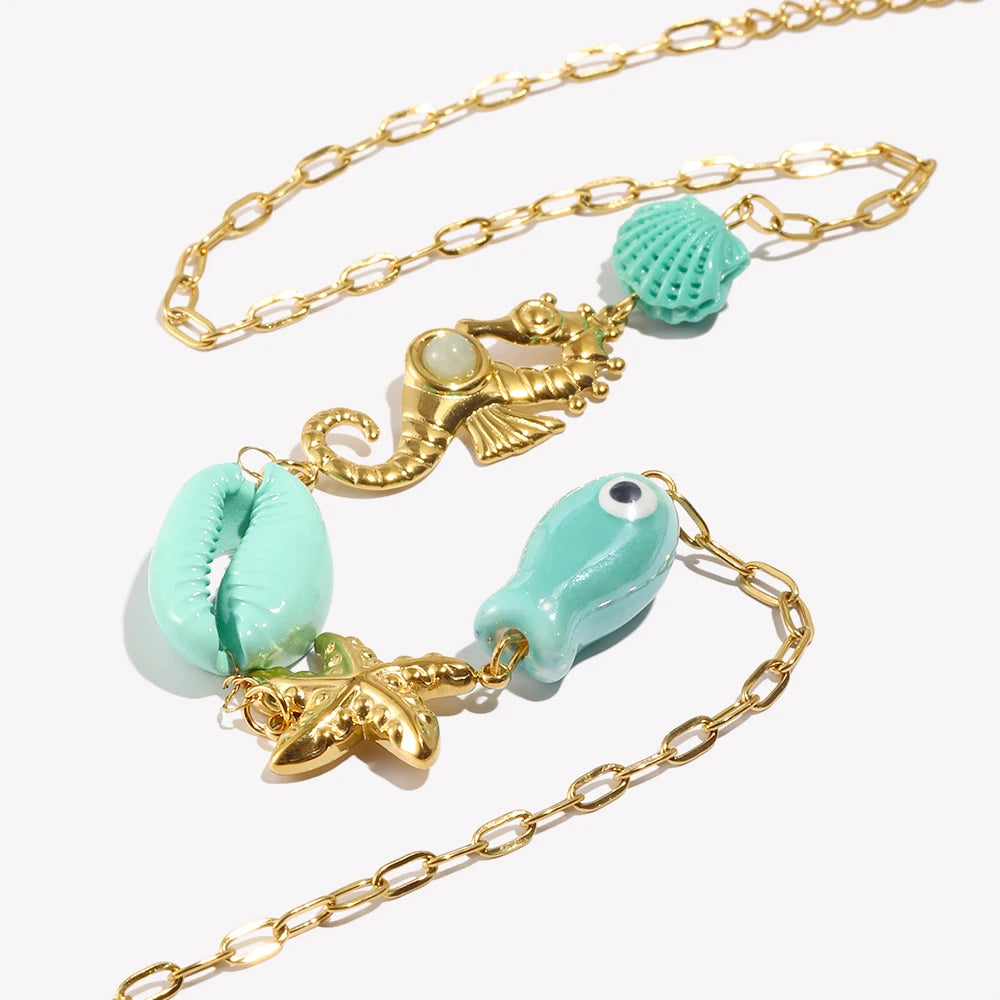 E.B.belle Vacances d'été Poisson bleu Étoile de mer Hippocampe Coquillage Pendentif Collier Acier inoxydable plaqué or Bijoux pour femmes