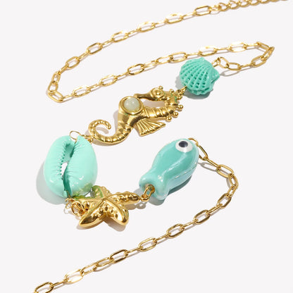 E.B.belle Vacances d'été Poisson bleu Étoile de mer Hippocampe Coquillage Pendentif Collier Acier inoxydable plaqué or Bijoux pour femmes