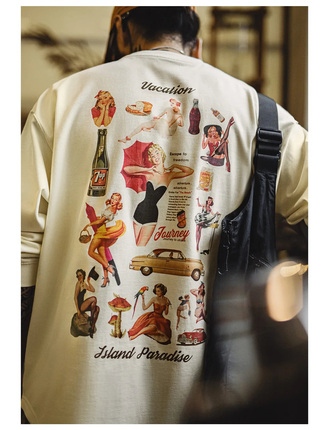 Maden T-shirt a maniche lunghe con stampa sul retro vintage Pullover ampio casual girocollo per top street-style da uomo primavera e autunno anni '60
