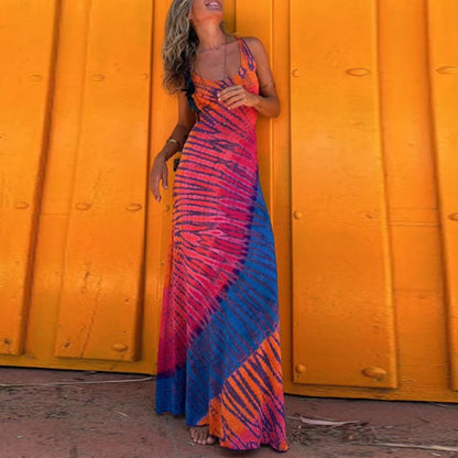Robe longue d'été sexy, robes de plage d'été pour femmes, élégante robe de soirée imprimée tie-dye sans dos 2024