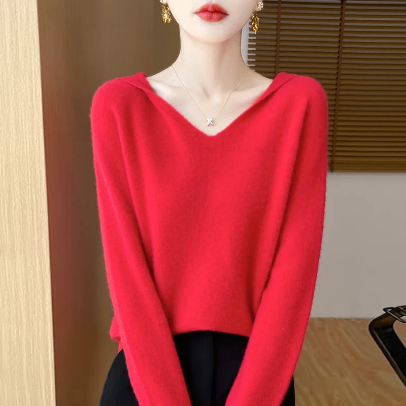 Abbigliamento donna autunno inverno colletto con cappuccio pullover maglione di lana merino 100% nuova moda top in cashmere che tocca il fondo maglieria morbida