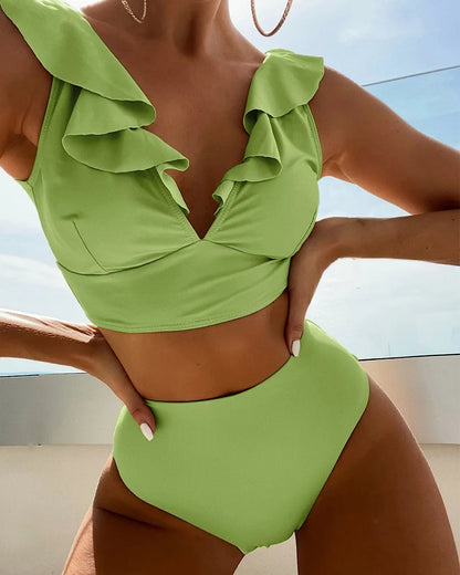 Damen-High-Waist-Bikini-Sets, V-Ausschnitt, Rüschen, zweiteilige Badeanzüge, Push-Up-Badeanzüge
