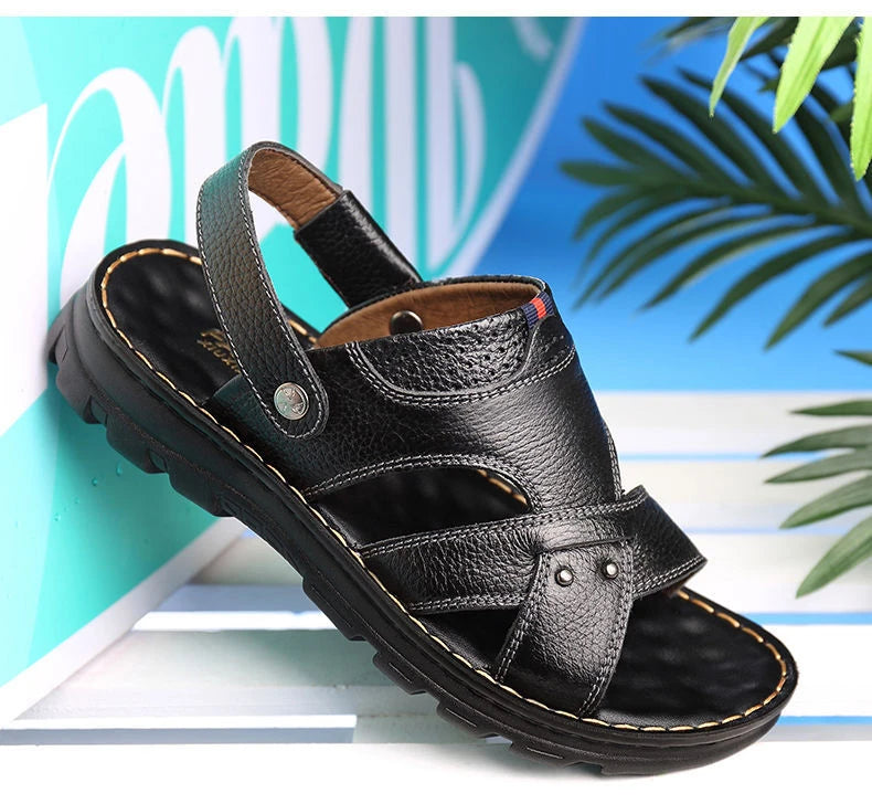 Herren-Ledersandalen für den Sommer, rutschfeste Herrenschuhe aus echtem Leder, Hausschuhe, Strandschuhe mit dicker Sohle für draußen, bequeme, weiche Herren-Sandalen