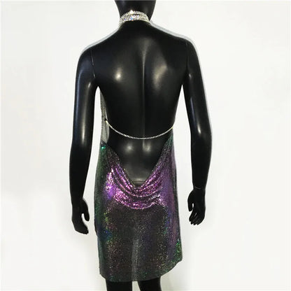 AKYZO Mini abito patchwork con paillettes dorate sexy Donna senza maniche Taglio basso Catene di metallo Halter Slim Abiti da festa da discoteca affascinanti