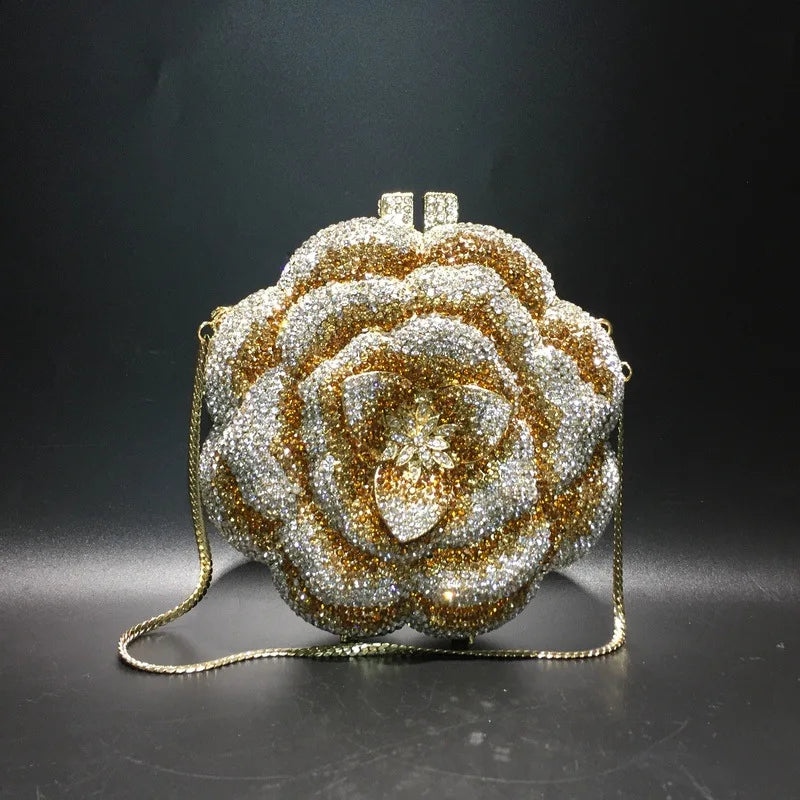 Pochette da sera con strass rosa/verde con fiore rosa Borse da sera da donna in cristallo giallo floreale Pochette da sposa per festa di nozze