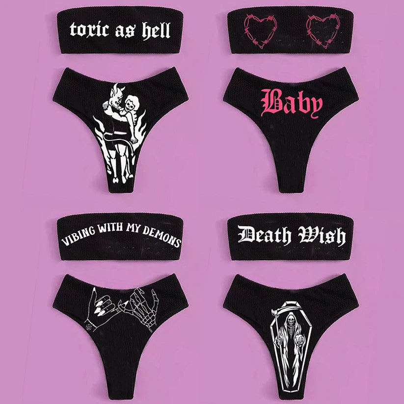 Gothic Bikini 2025 Damen Skelett Tube Top BH Triangel-Höschen-Badeanzug Zweiteiliger Bikini Unterwäsche Y2K Bikinis Punk Bademode