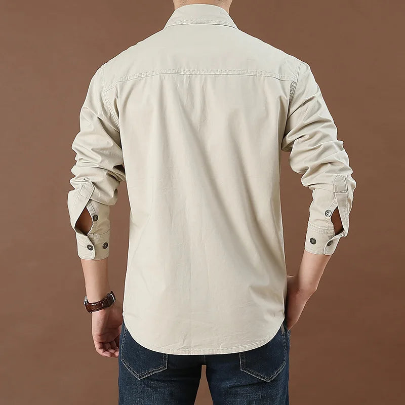 100% cotone di alta qualità primavera autunno moda uomo manica lunga tinta unita camicia Casual Multi tasca 6XL giacca Cargo di grandi dimensioni