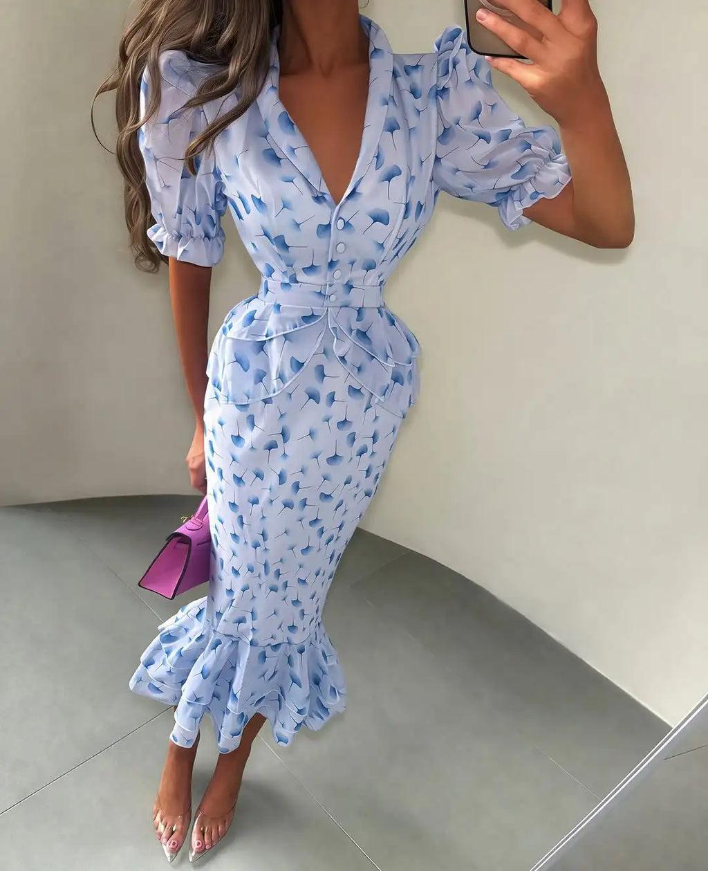 Abito lungo da donna con scollo a V, spacco alto, mezza manica, vestibilità slim, elegante, con vita accentuata e volant, perfetto per feste, vacanze ed estate