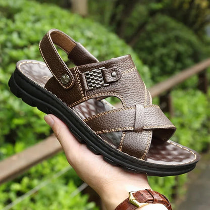 Herren-Ledersandalen für den Sommer, rutschfeste Herrenschuhe aus echtem Leder, Hausschuhe, Strandschuhe mit dicker Sohle für draußen, bequeme, weiche Herren-Sandalen