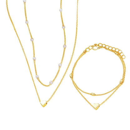 Set di gioielli con cuore di perle imitazione moda per donna Set di braccialetti con collana di perline rotonde color oro argento Set di accessori per l'uso quotidiano