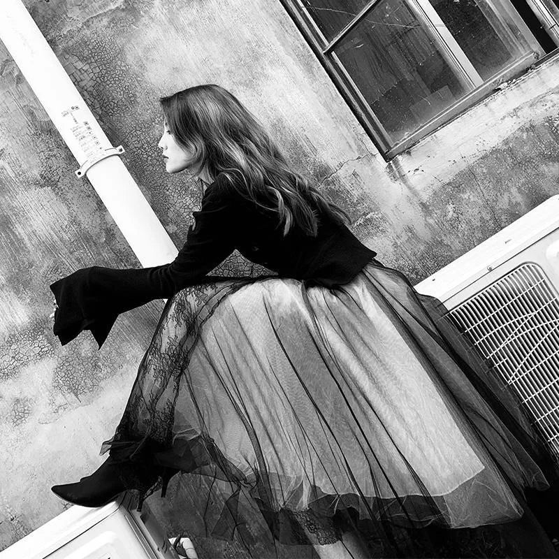 Harajuku Punk Gonne Lunghe per Le Donne Patchwork Garza Chic Jupe 2025 Faldas Mujer De Moda Pizzo Giapponese A-line Gonna Streetwear