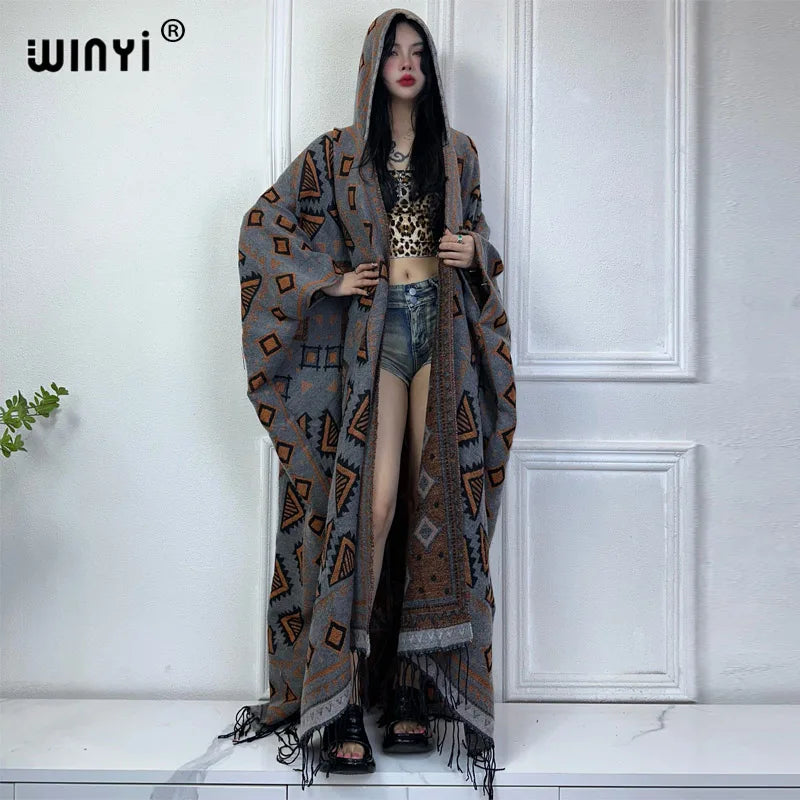 WINYI Winter cardigan outfit donna boho holiday dress stampa spessa calda femminile kaftan maxi dress Hooded mop coat fashion Abaya