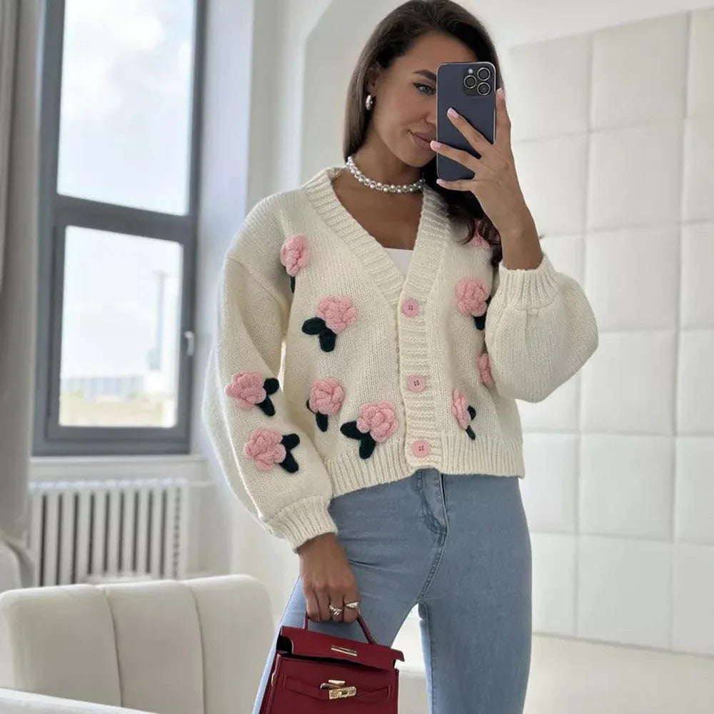 Cardigan autunno inverno da donna maglioni lavorati a maglia carini fiore stampato aperto sul davanti abbottonato cappotto corto allentato capispalla