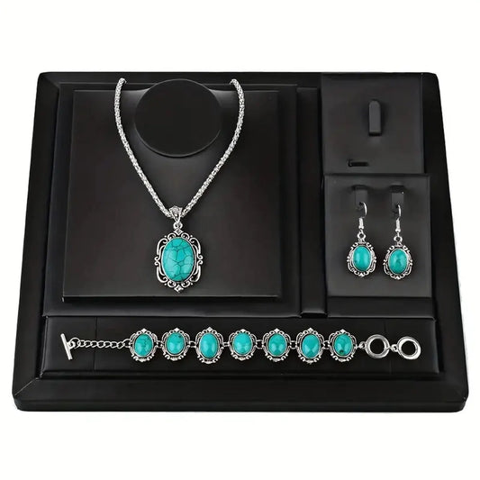 Set di orecchini con collana e bracciale turchese vintage da donna da 3 pezzi, regalo con decorazione in pietra curativa (senza scatola)