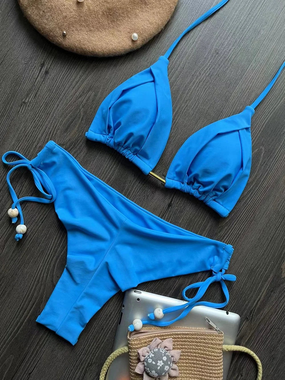 Solid color sexy swimsuit women's new bikini blue beachwear split Brazilian bikini set