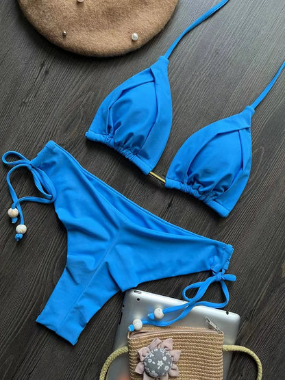 Solid color sexy swimsuit women's new bikini blue beachwear split Brazilian bikini set