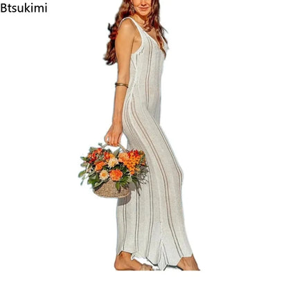 Nouvelle robe longue d'été tricotée pour femme, sexy, évidée, sans manches, ajustée, élégante, dos nu, cache-bikini