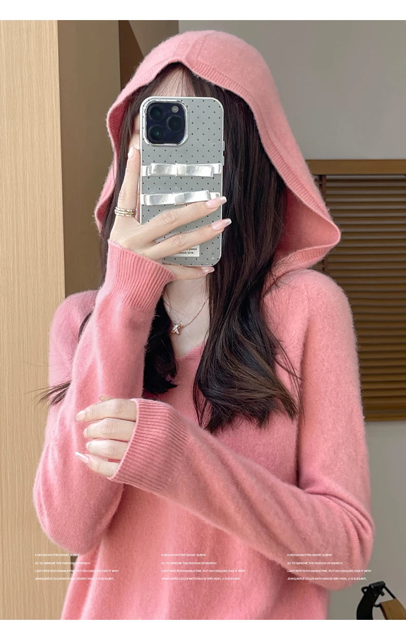 Abbigliamento donna autunno inverno colletto con cappuccio pullover maglione di lana merino 100% nuova moda top in cashmere che tocca il fondo maglieria morbida