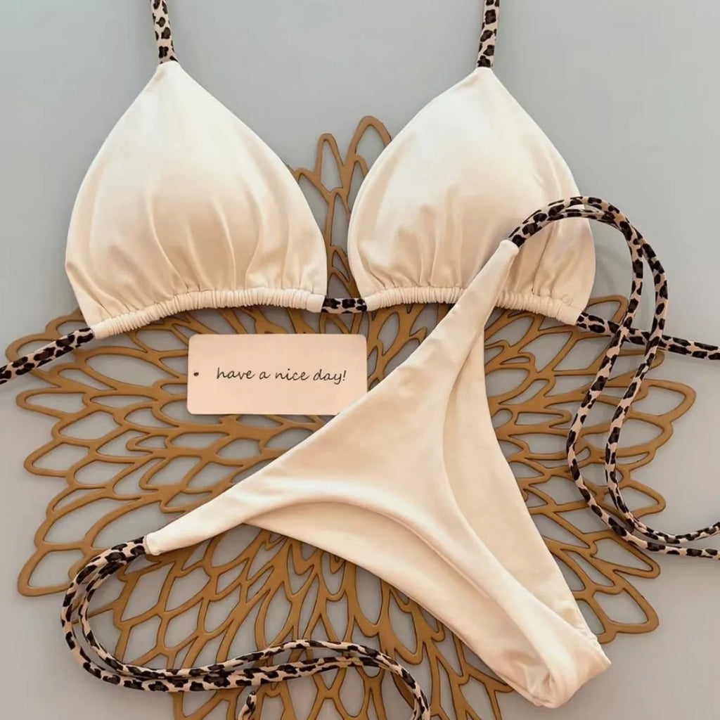 Sexy Bikini Women's Swimsuit Strap Halter Neck Triangle Cup Beachwear Pure Color Cheeky Two Piece Swimsuits Bathing Swimwear