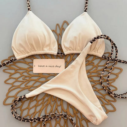 Sexy Bikini Women's Swimsuit Strap Halter Neck Triangle Cup Beachwear Pure Color Cheeky Two Piece Swimsuits Bathing Swimwear